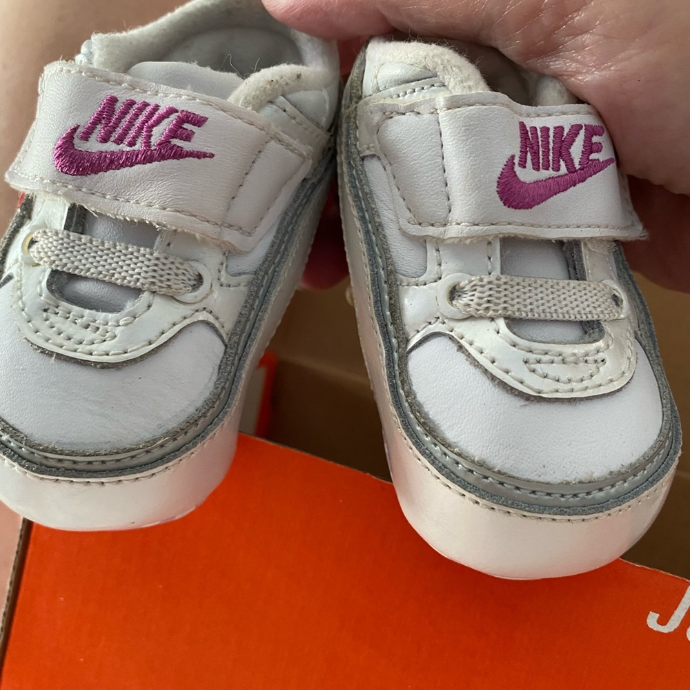 Nike baby tennis shoes size 1C pink and white with lavender